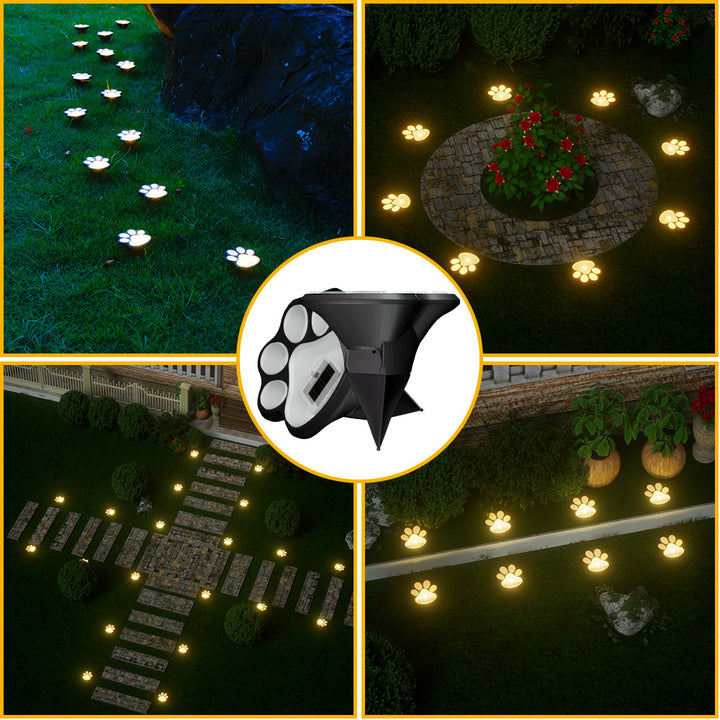 Paw Print Solar Garden Pathway Stake Lights With Integrated Panel And Ground Spike Mount Bowlift
