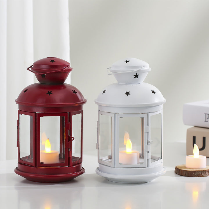 Vintage-Inspired Cylindrical Metal Tea Light Lantern with Star Vent Cutouts and Hinged Glass Door Bowlift