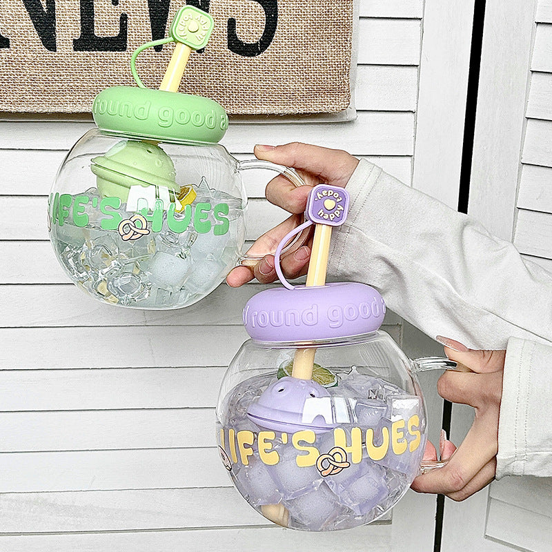 Women's drink container with integrated straw and cheerful fruit style design Bowlift