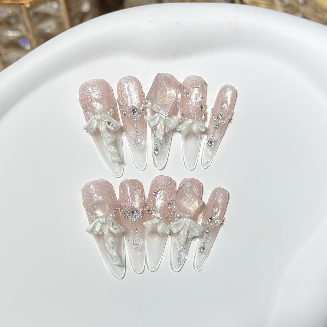Elegant Press-On Acrylic Nail Set with Decorative Bow and Glitter Accents Bowlift