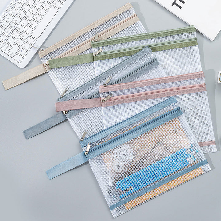 Transparent Mesh Zipper Pouch Set with Wrist Strap Stationery Organizer Bowlift