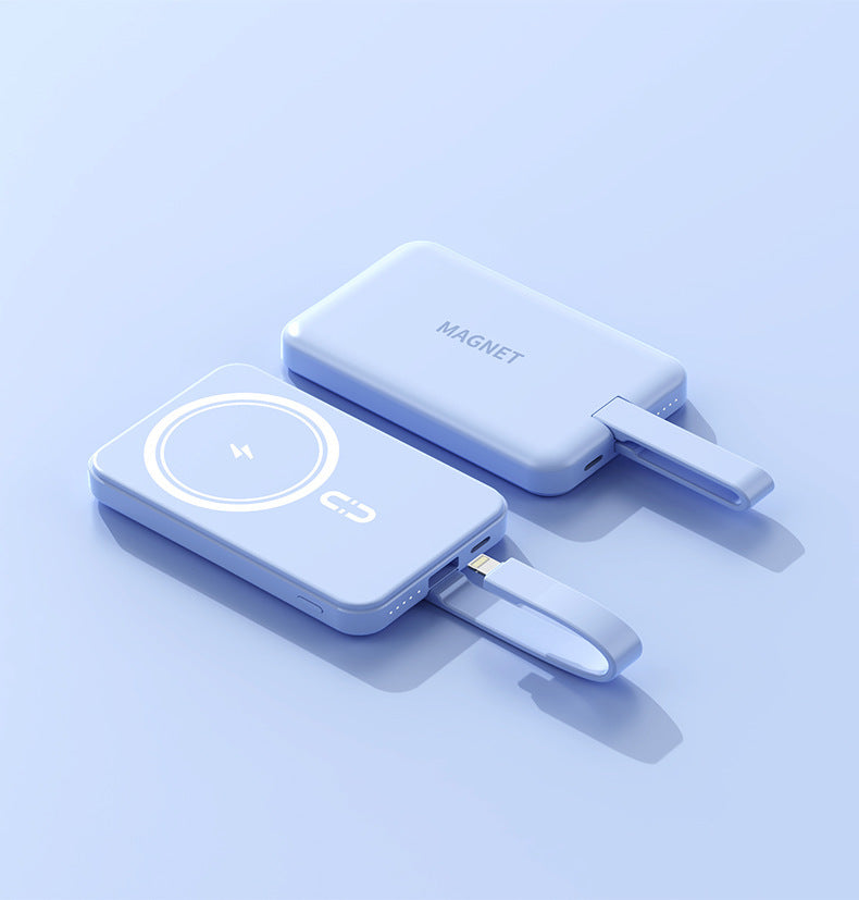 Magnetic power bank with wireless charging function and integrated cable system Bowlift