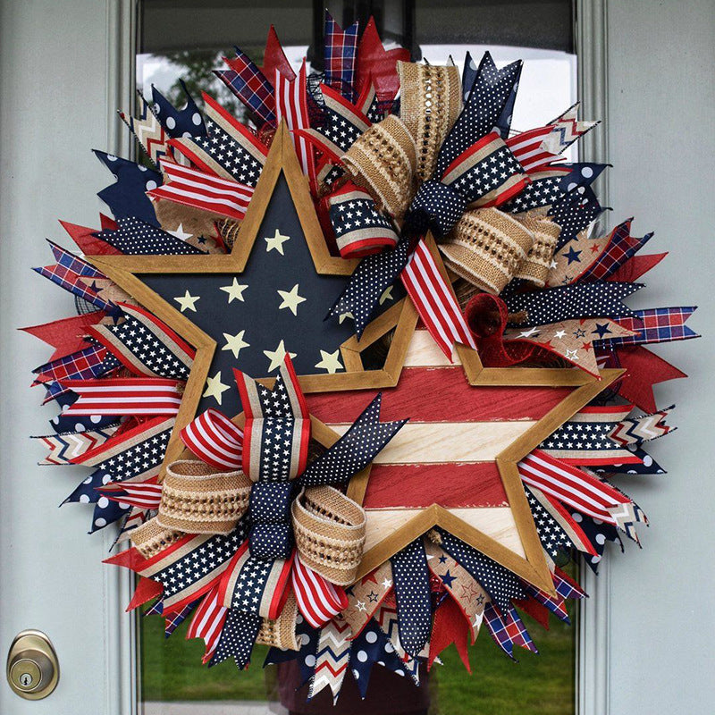 Unisex nan decorative layered Americana star burlap ribbon door wreath with mixed patterned fabric streamers and polka dot bow Bowlift