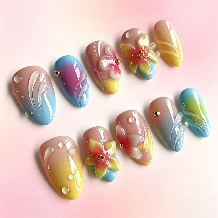 Acrylic nail set with floral elements and colorful accents Bowlift