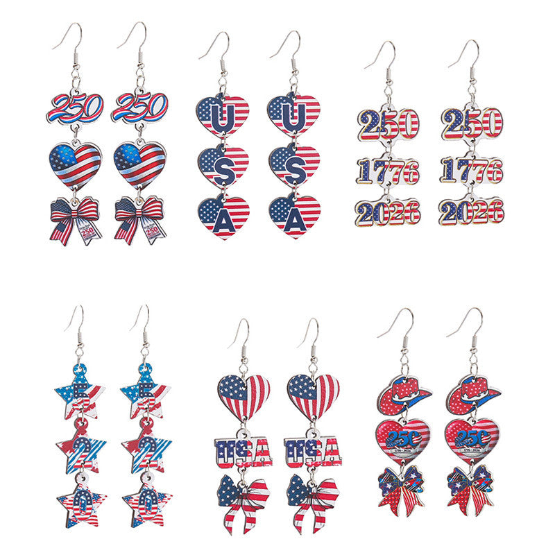 Women's nan patriotic triple-charm dangly novelty earrings with cowboy hat heart bow Bowlift