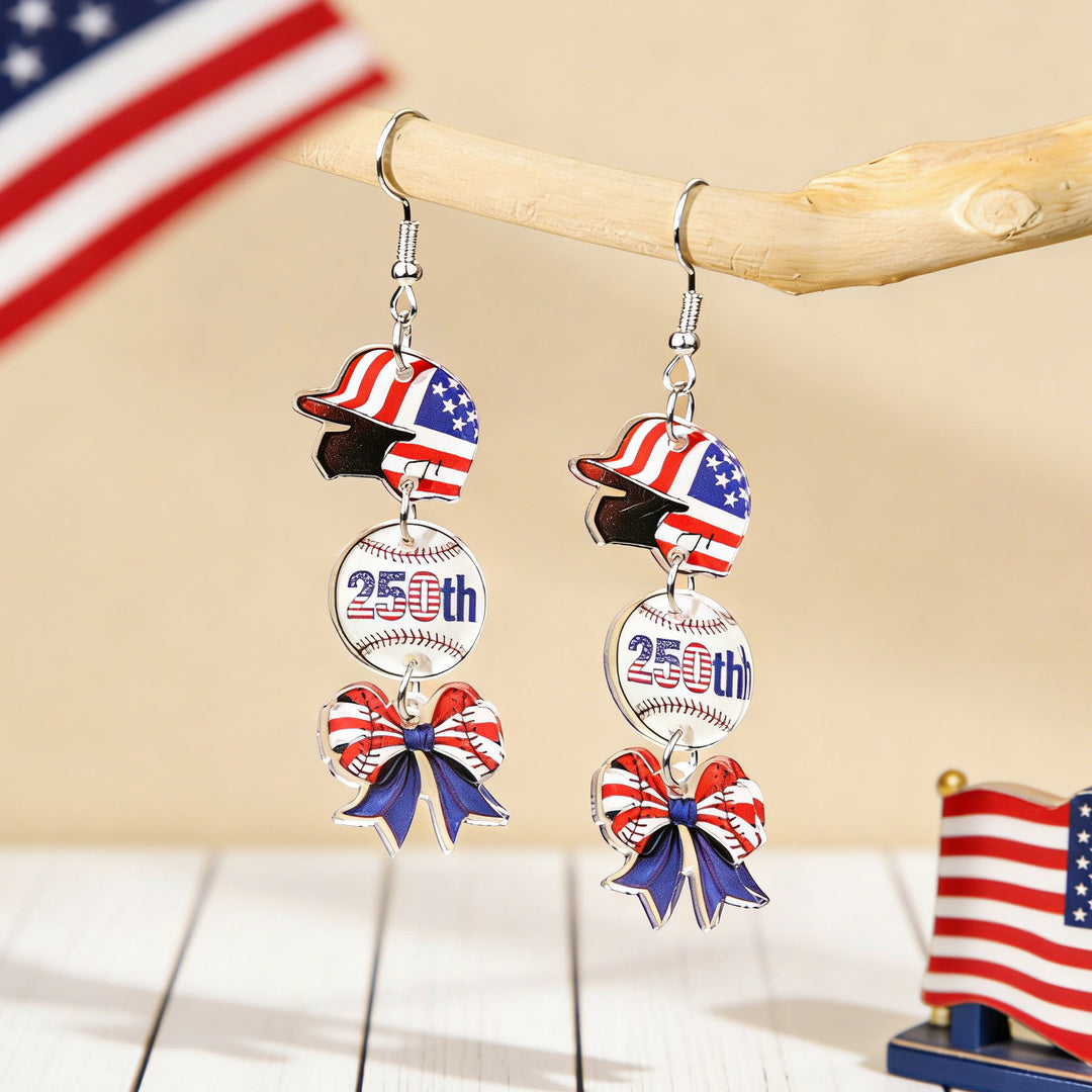 Women's nan patriotic bow dangle acrylic earrings with gold plated hooks and lightweight charm Bowlift