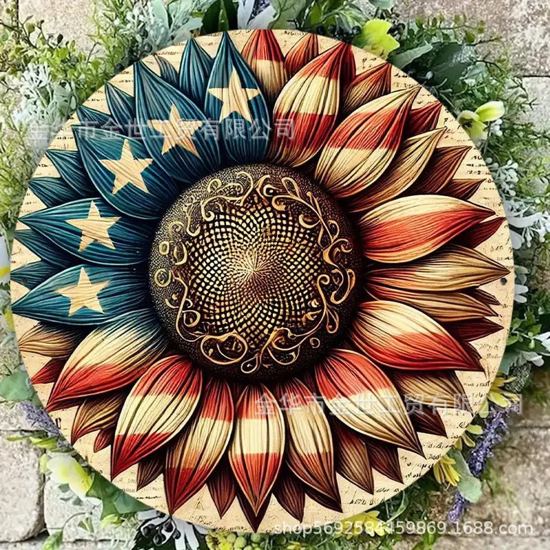 Independence Day rustic round wooden patriotic cross wall plaque with floral accents and God Bless America banner Bowlift