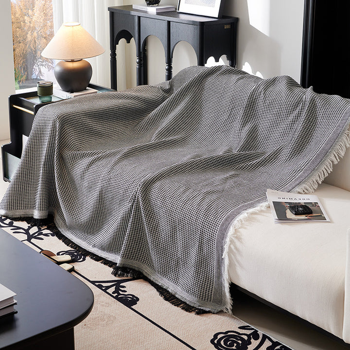 Waffle Weave Cotton-Linen Fringe Sofa Throw Blanket Bowlift