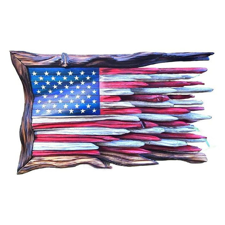 Unisex nan reclaimed wooden American flag wall sculpture with layered driftwood planks and rustic charred frame Bowlift