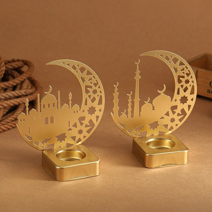 Crescent Silhouette Mosque Tea Light Lantern with Filigree Metal Base Bowlift
