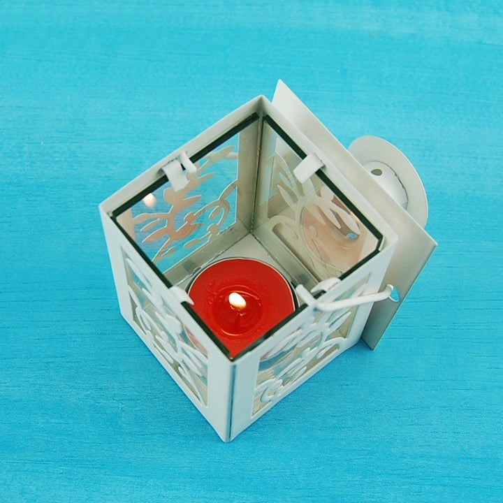 Decorative Metal Tealight Lantern Set with Filigree Leaf Cutouts and Carry Handle Bowlift