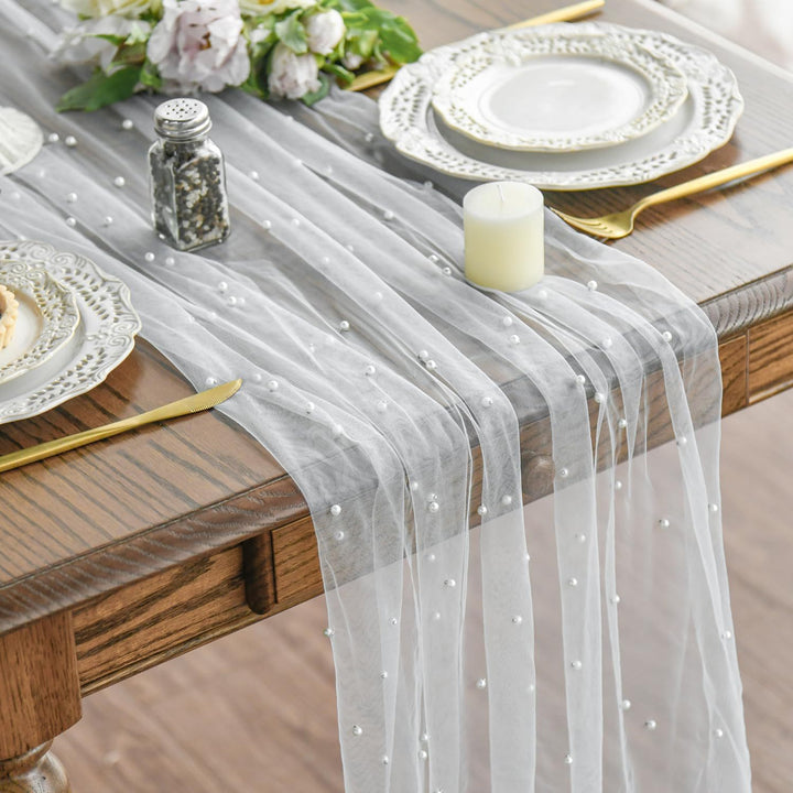 Elegant Table Runner with Pearl Detailing Bowlift