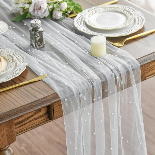 Elegant Table Runner with Pearl Detailing Bowlift