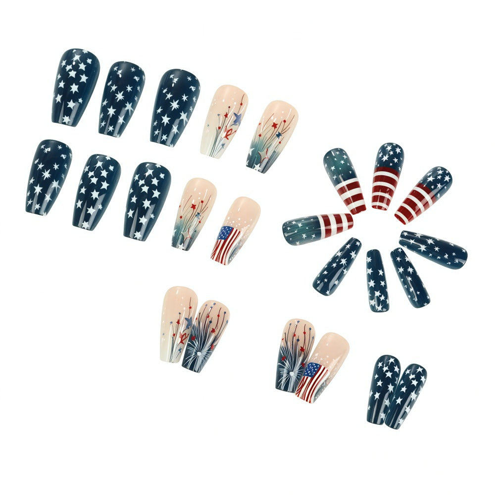 Women's nan long coffin press-on nails patriotic flag starburst full cover reusable Bowlift