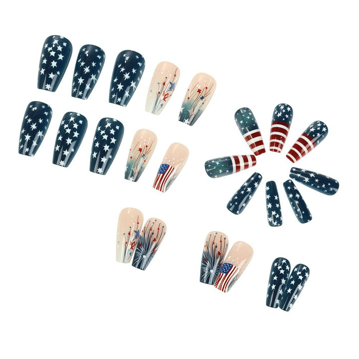 Women's nan long coffin press-on nails patriotic flag starburst full cover reusable Bowlift