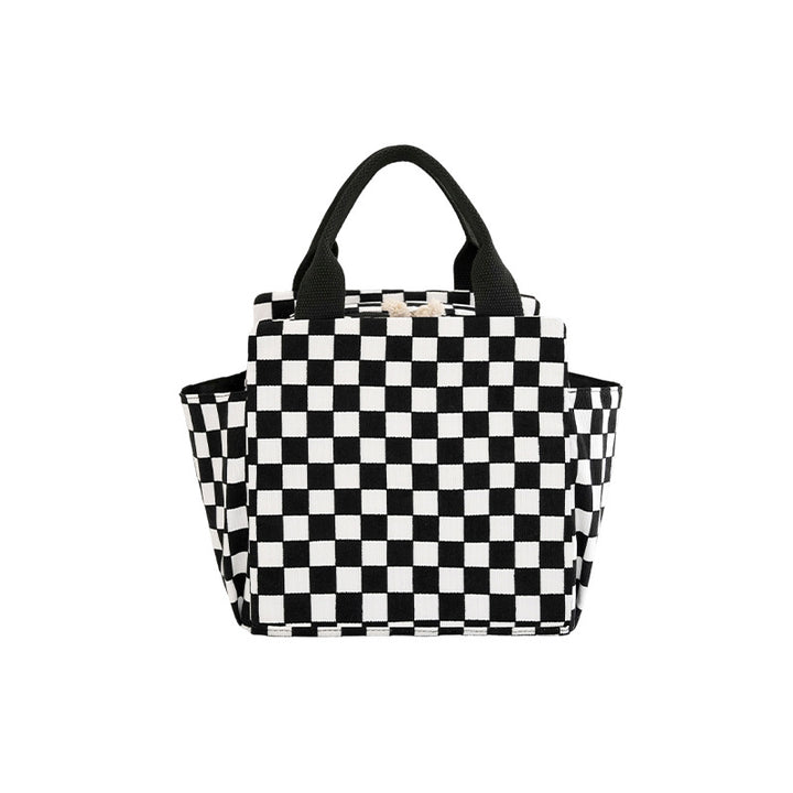 Structured Canvas Checkerboard Tote with External Side Pockets Bowlift