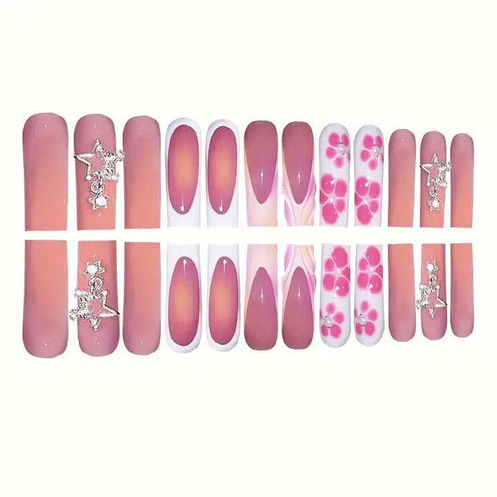 Decorative Floral and Star Press-On Nail Art Bowlift