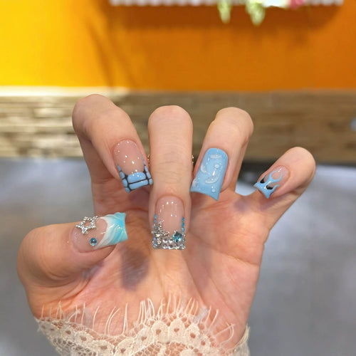 Decorative Press-On Nail Art Set with Ocean-Inspired Design Bowlift
