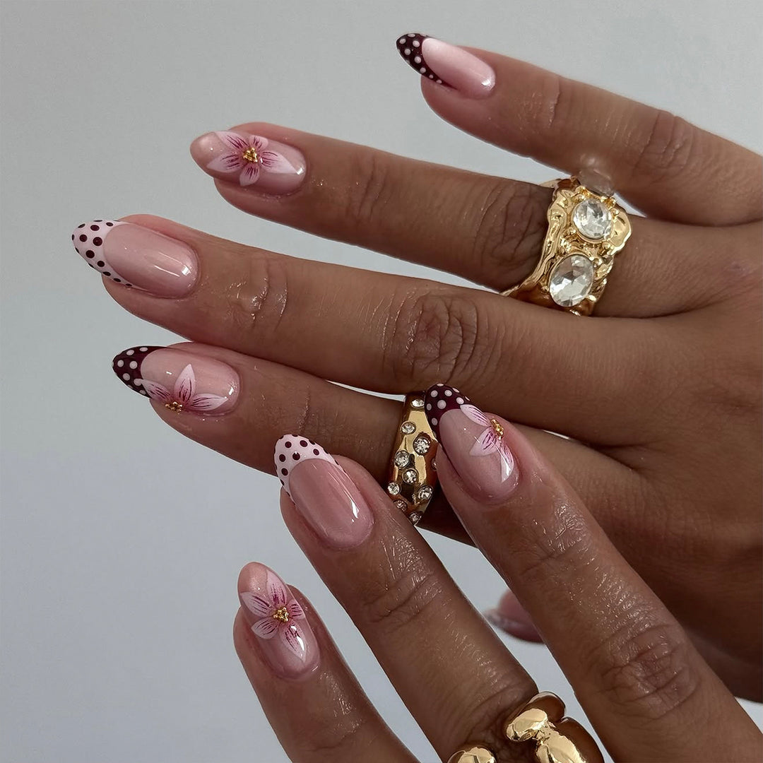 Artful Nail Extensions with Flower and Dot Design Bowlift