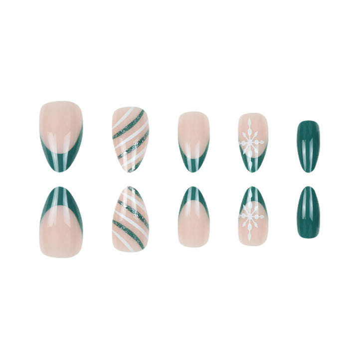Premium Stiletto Press-On Nail Art Set with Snowflake and Striped Design Bowlift
