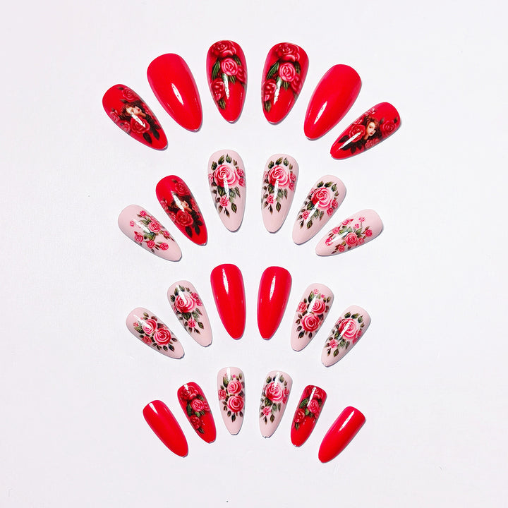 Creative Artificial Nails with Romantic Rose Design Bowlift