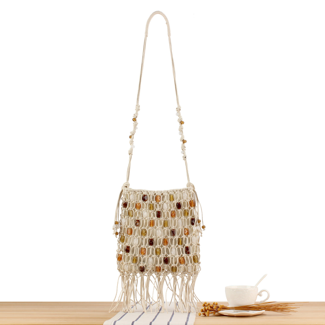 Macrame Crossbody Bag with Colorful Beads and Trendy Fringes Bowlift