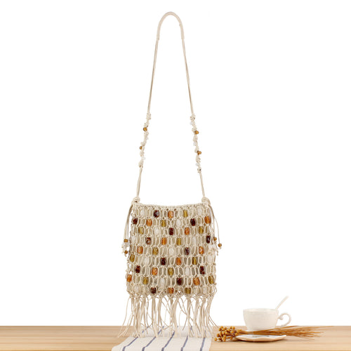 Macrame Crossbody Bag with Colorful Beads and Trendy Fringes Bowlift