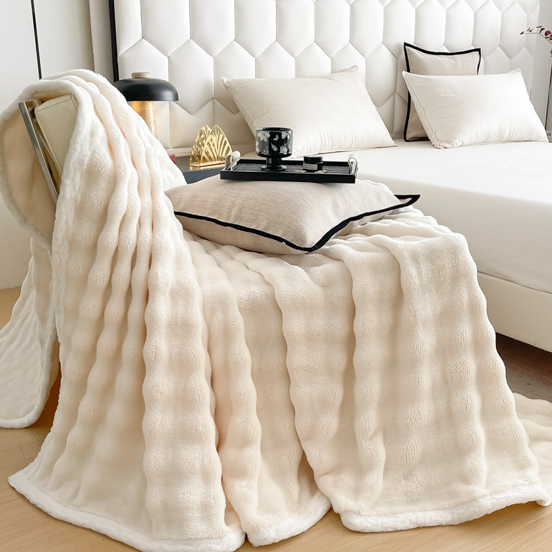 Plush Waffle-Textured Faux Fur Throw Blanket with Sherpa Backing Bowlift