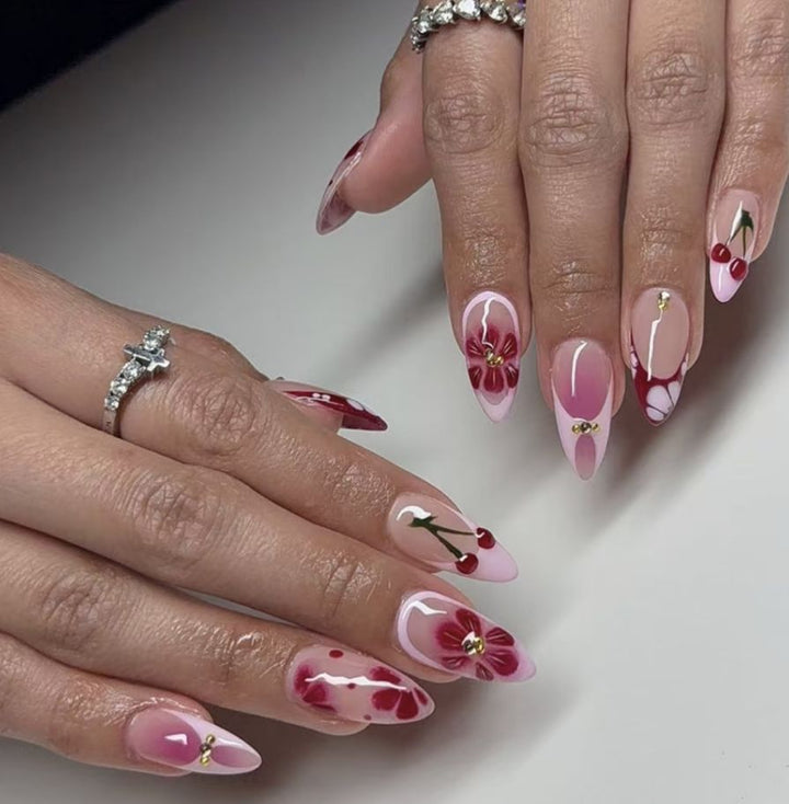 Artistic Floral and Cherry-Embellished Press-On Nails Bowlift