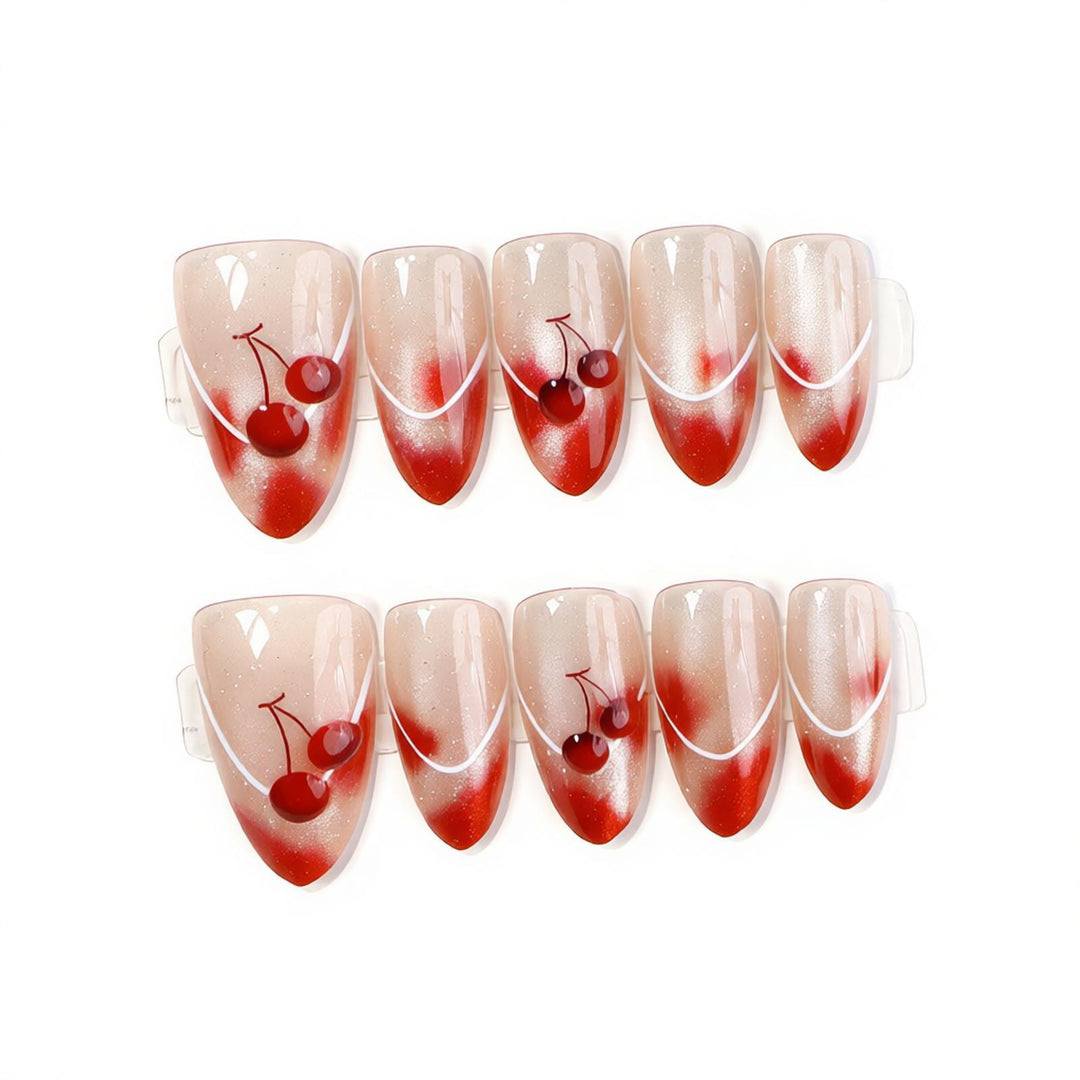 Artistic Cherry-Embellished Press-On Nail Art Set Bowlift