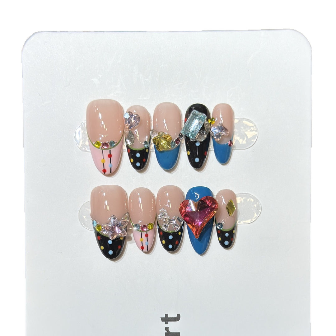 Artistic Press-On Nail Set with Colorful Jewel Accents Bowlift