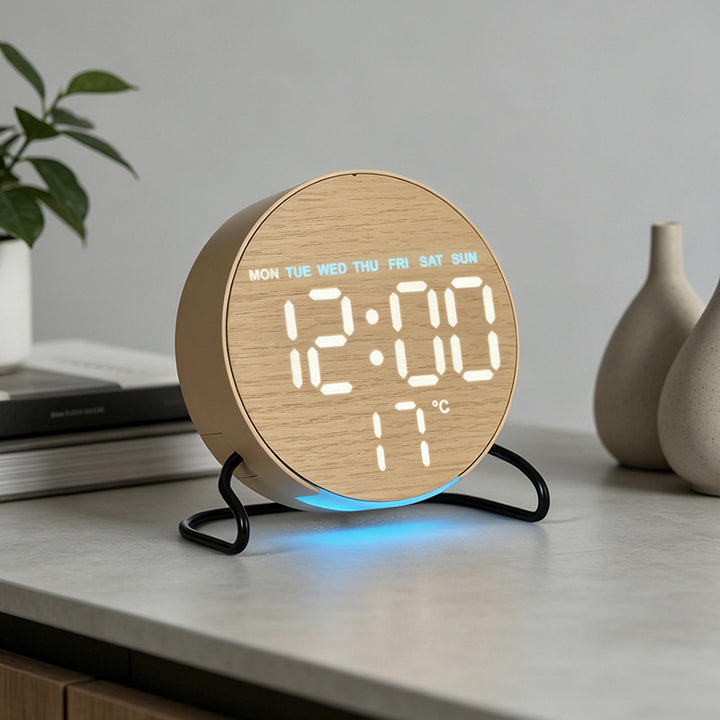 Minimalist Smart LED Alarm Clock with Fabric Front, Temperature Sensor and Weekday Display Bowlift