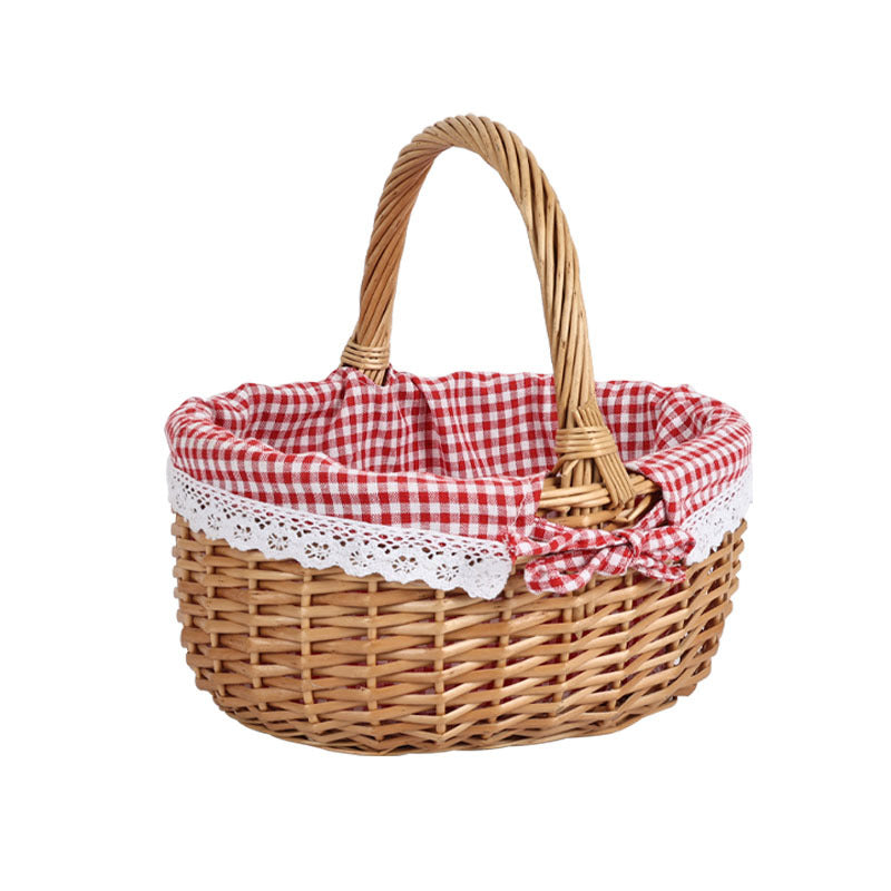 Women's braided basket with checkered fabric insert and decorative lace embellishment Bowlift