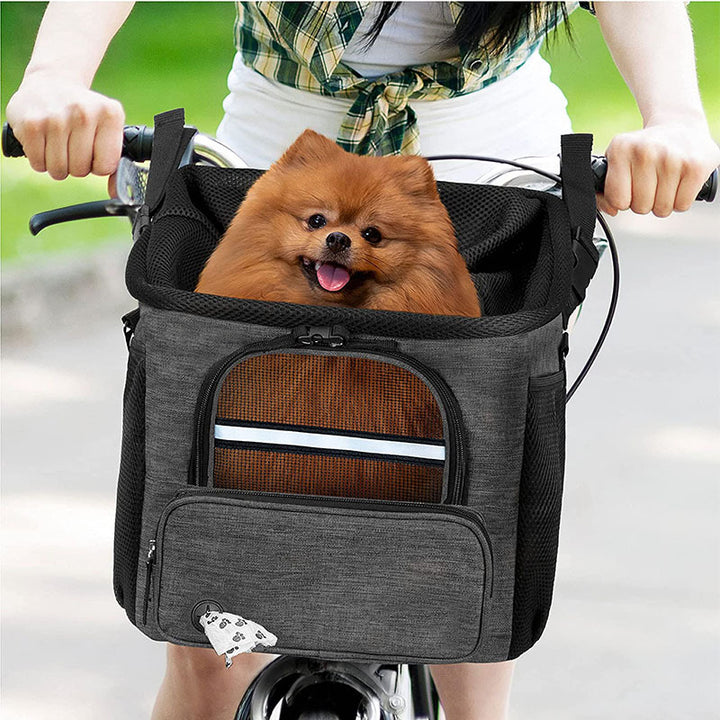 convertible front-mount pet transport backpack with reinforced base, breathable mesh canopy, padded straps and detachable shoulder sling Bowlift