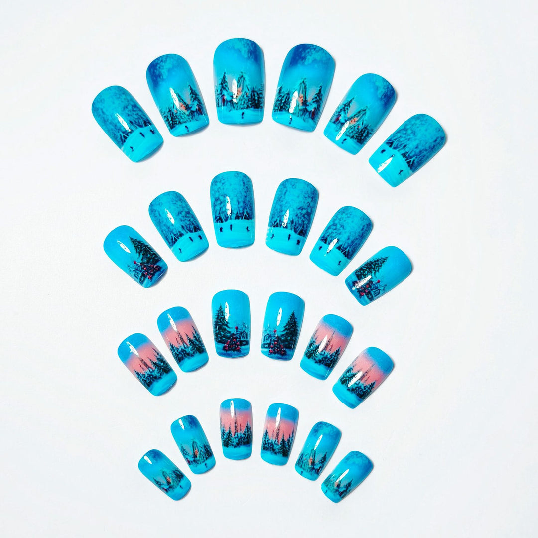 Artificial nails with festive winter landscape design Bowlift