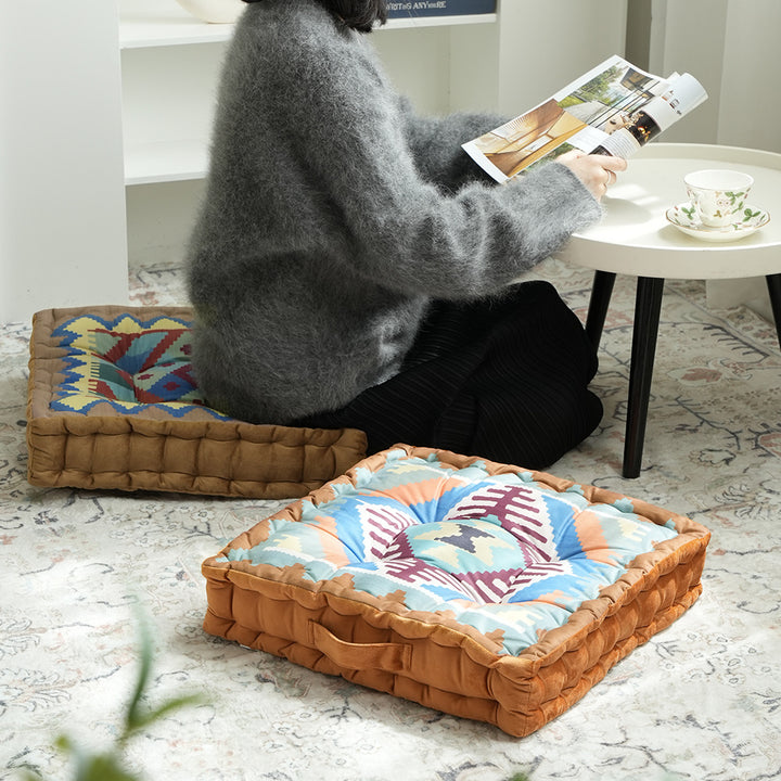 Padded seat and floor cushion with carrying handle and graphic ethno pattern Bowlift