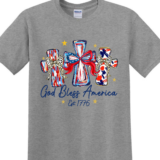 Women's nan patriotic graphic cotton tee with cross ribbon print Bowlift