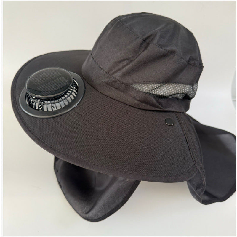 Non-ventilated sun hat with removable fan, neck protection, and adjustable chin strap Bowlift