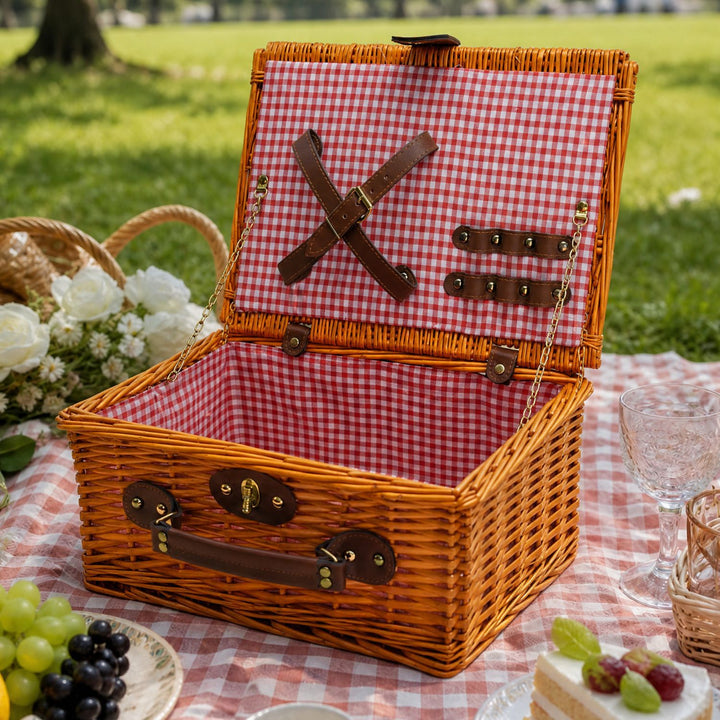 Ladies Luxury Picnic Basket with Offset Dish Compartment and Floral Lining Bowlift