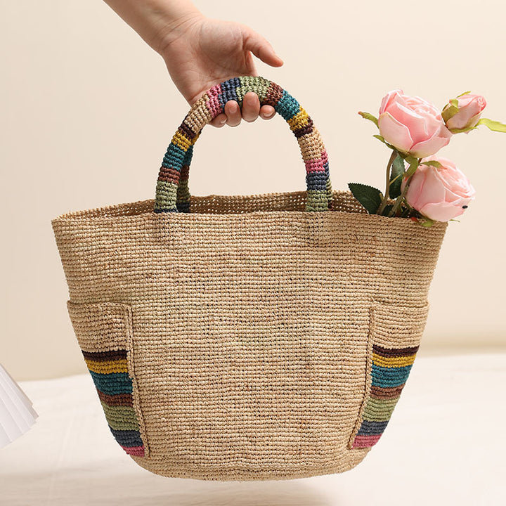 Handcrafted basket bag with colorful stripe accents Bowlift