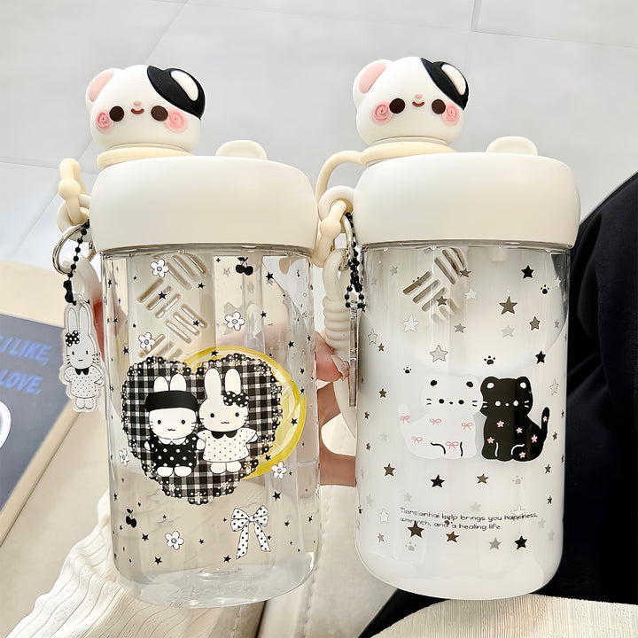 Ladies' water bottle with animal motifs and integrated straw Bowlift