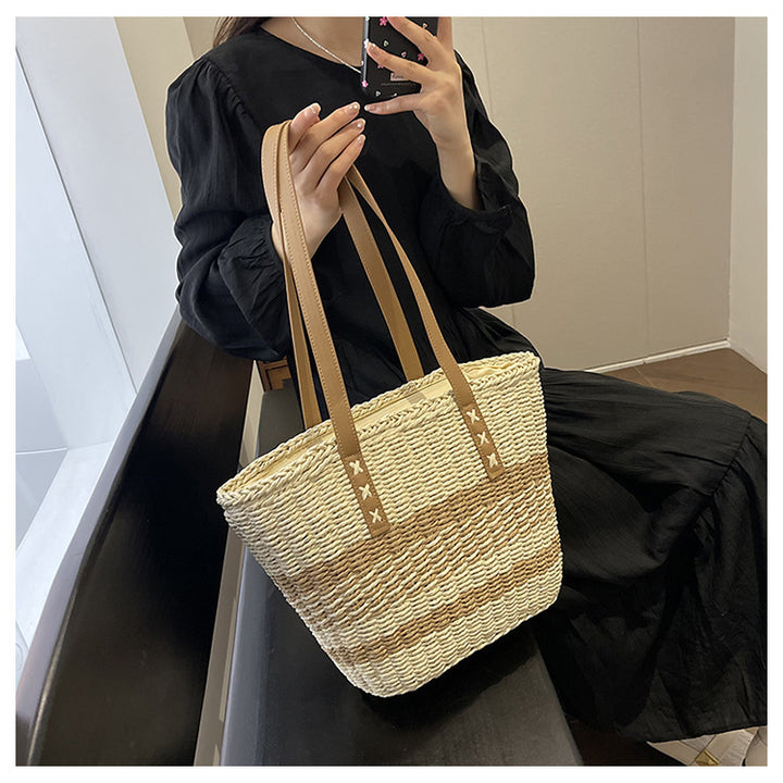 Woven Natural Material Handbag with Leather Accents Bowlift