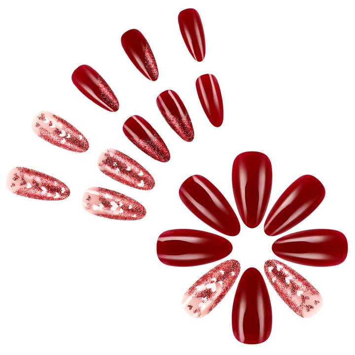 Heart-Embellished Glamourous Press-On Nails Bowlift