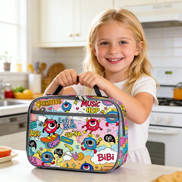 Insulated children's dinosaur lunch case with thermal lining and carry handle Bowlift