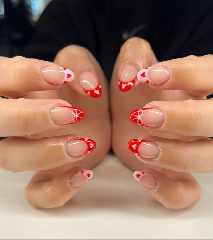 Heart-Themed French Tip Press-On Nails Bowlift