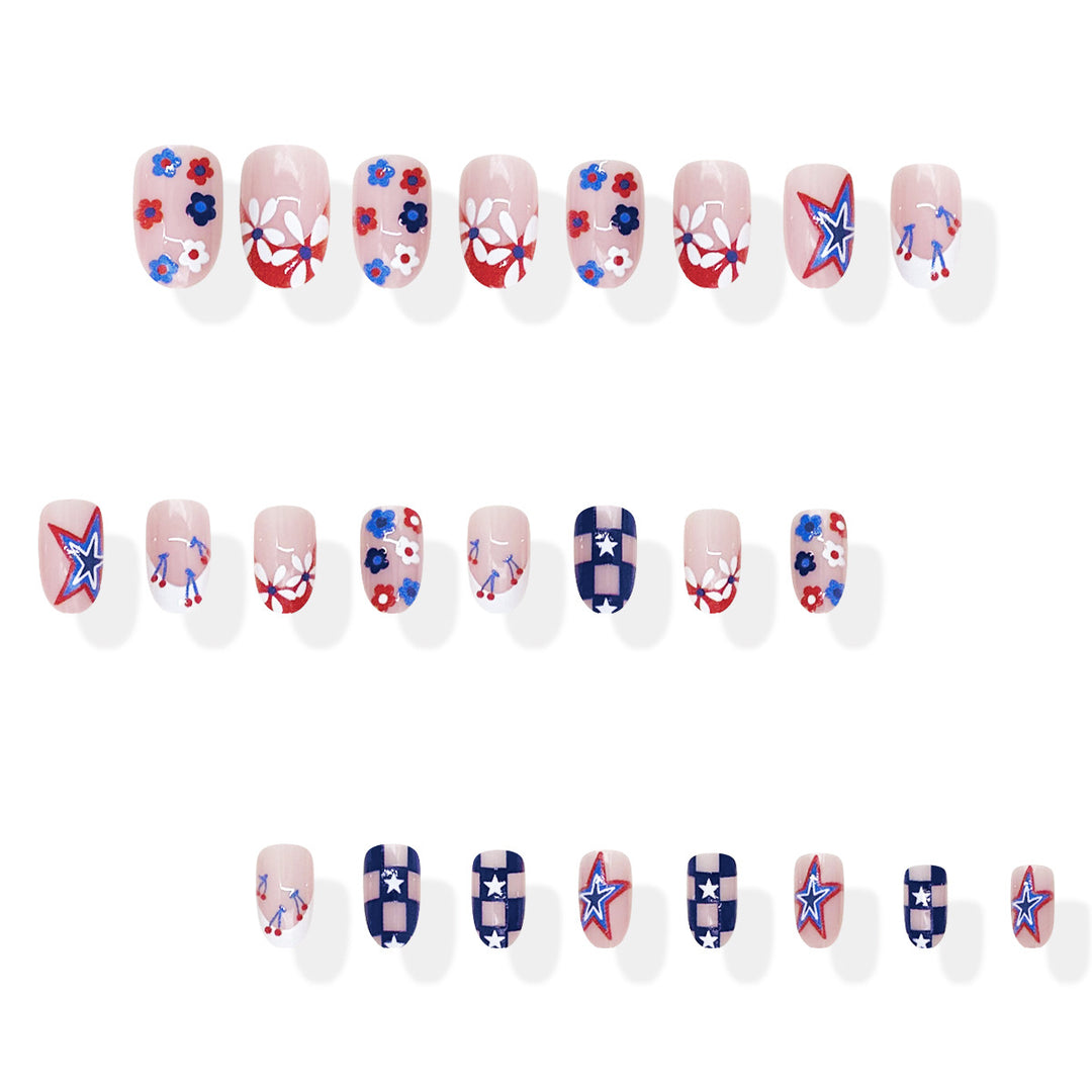 Women's nan patriotic star and floral press-on nail kit with mixed shapes and glossy finish Bowlift