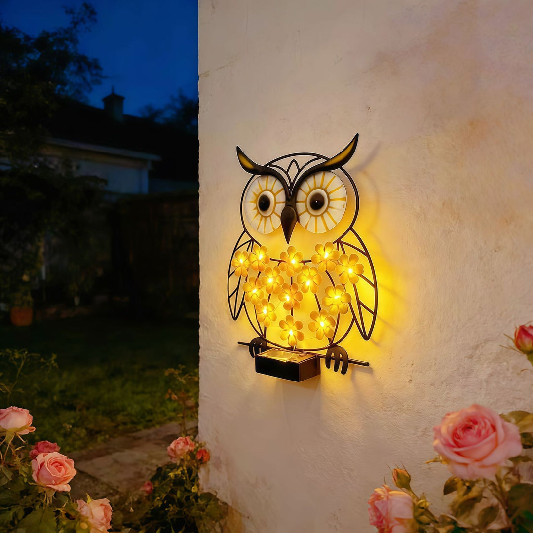 Metal Owl Wall Art With Solar Powered LED Floral Lights And Iron Frame Bowlift