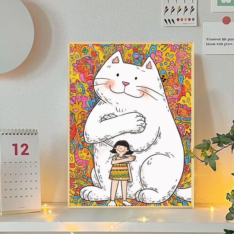 Playful Cat and Girl Illustration Canvas Art Bowlift