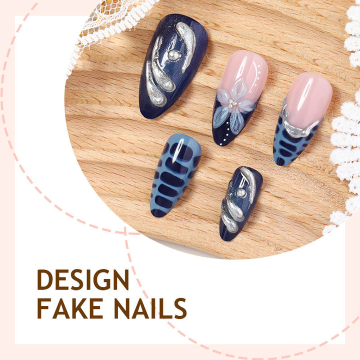 Artificial nail set with elegant maritime design and sparkling embellishments Bowlift