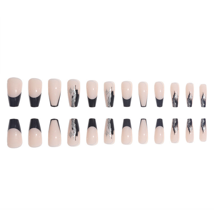 Elegant Stiletto Press-On Nails with Artistic Black Tips and Silver Accents Bowlift